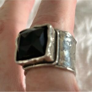 Wide Sterling Silver Ring with Black Faceted Stone